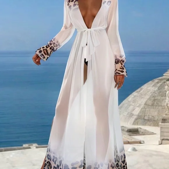 Sheer Cover Up w/Leopard Print Trim - Picture 3 of 4